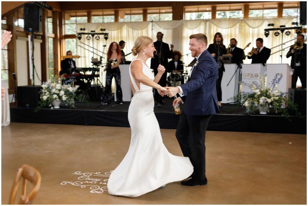 Bride and groom first dance with The Great Family Reunion Band