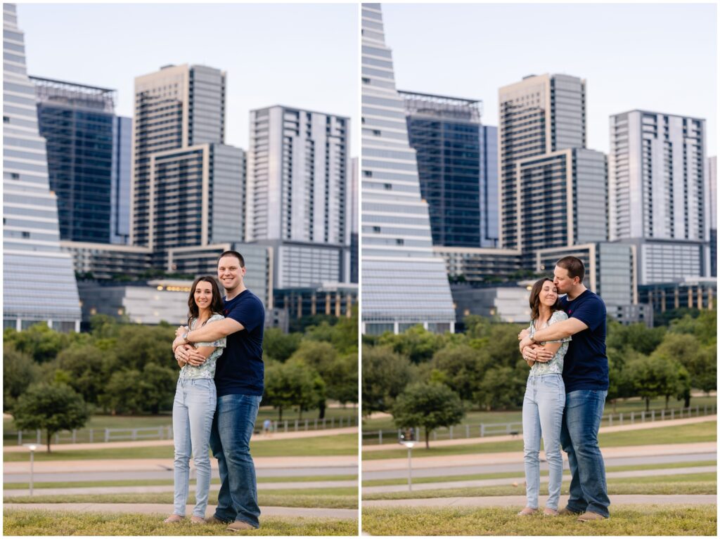Couple hugging Downtown during Austin Engagement session