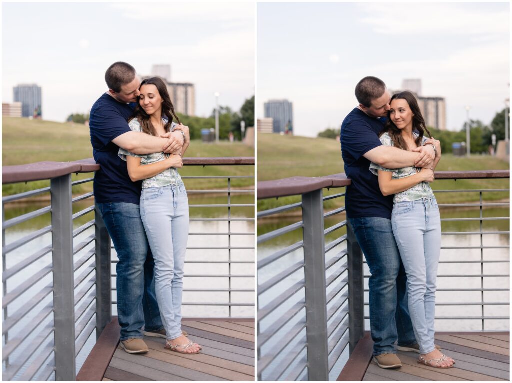 Couple hugging during Austin engagement session in front of lake