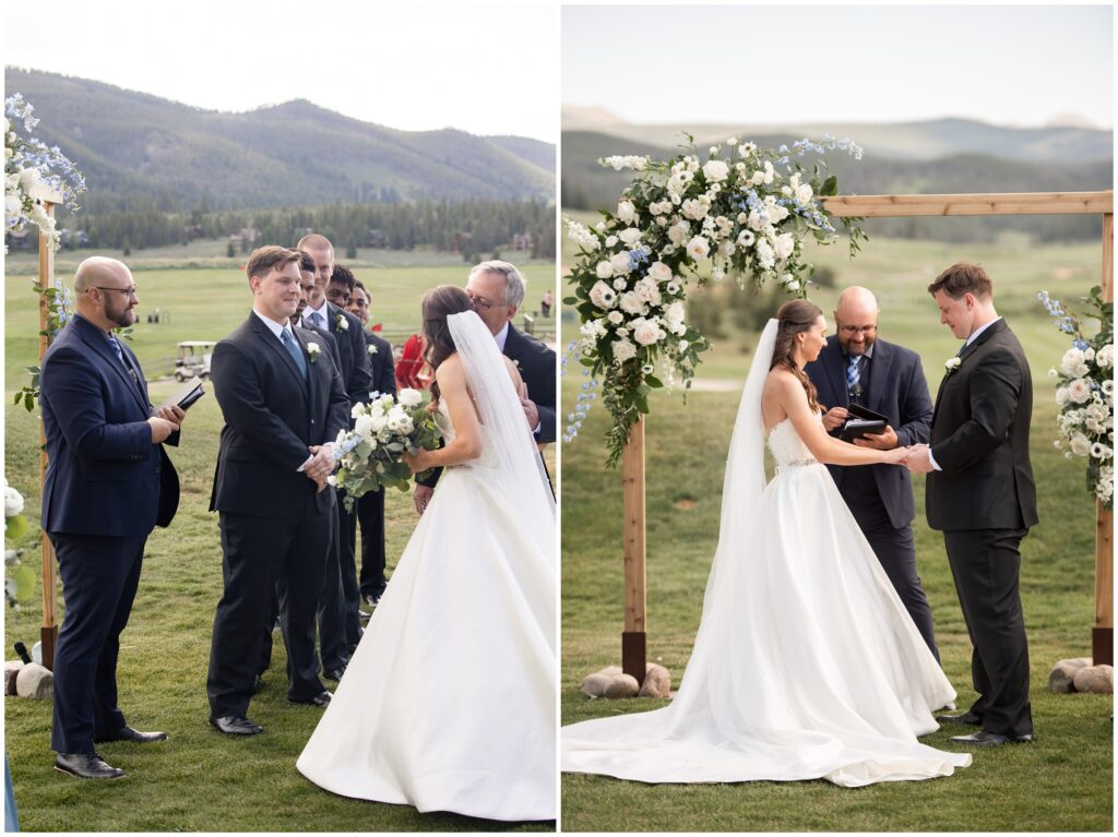 Groom and bride holding hands at Keystone Ranch