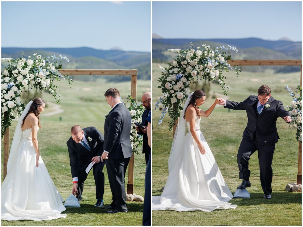 Bride and groom celebrating during ceremony at Keystone Ranch with groom breaking the glass at end of ceremony