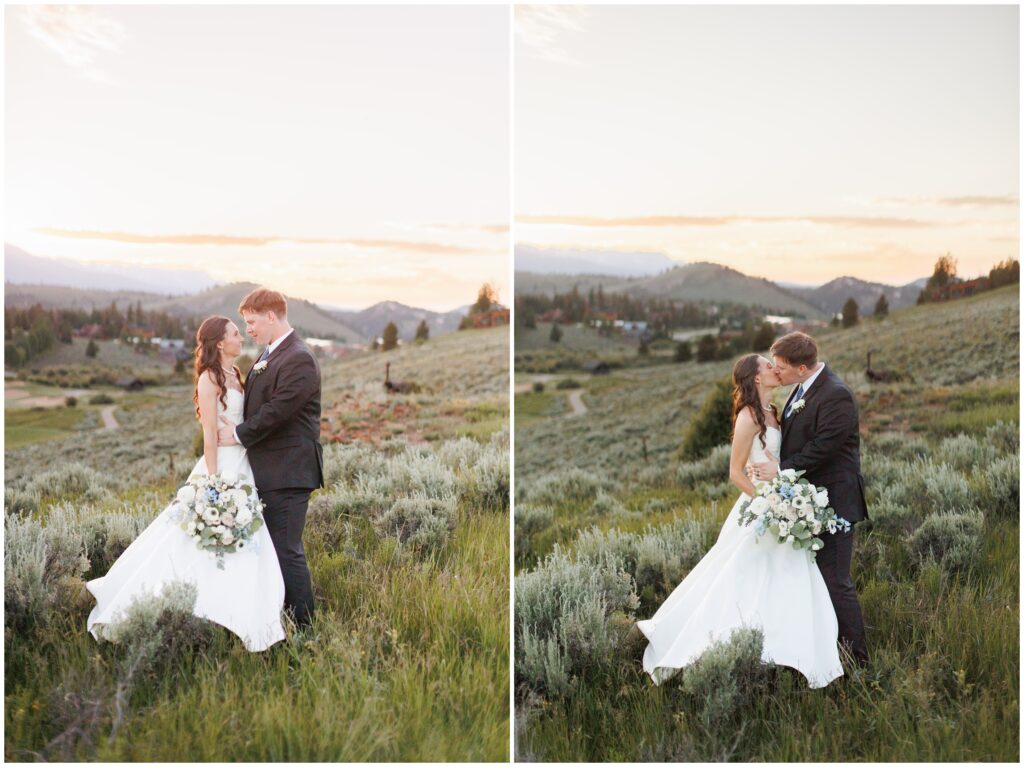 Bride and groom on field at Keystone Ranch