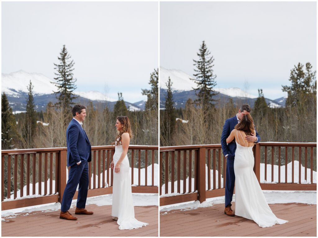 bride and groom hug during first look at High Country Lodge Breckenridge