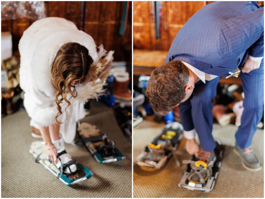 bride and groom putting on snow shoes