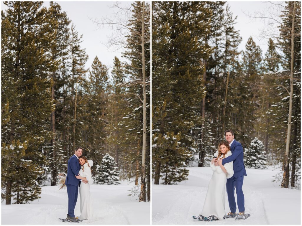 bride and groom hugging on trail at High Country Lodge Breckenridge