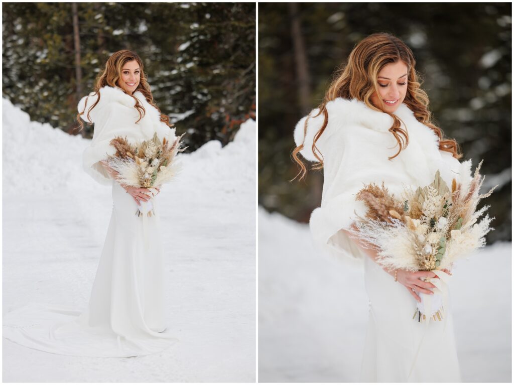 bride holding bouquet in snow