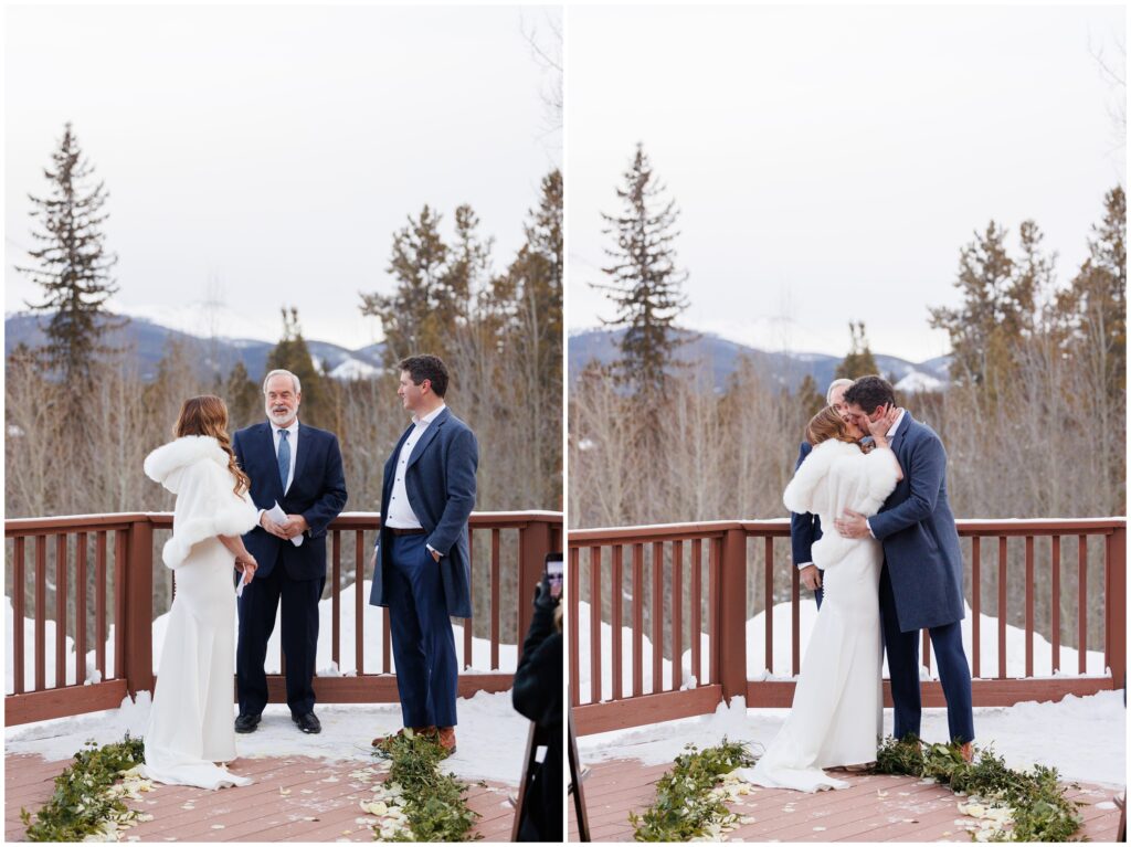 bride and groom kiss at end of ceremony at High Country Lodge Breckenridge