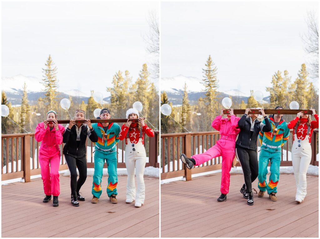 wedding guests dressed in retro ski outfits doing a shot ski