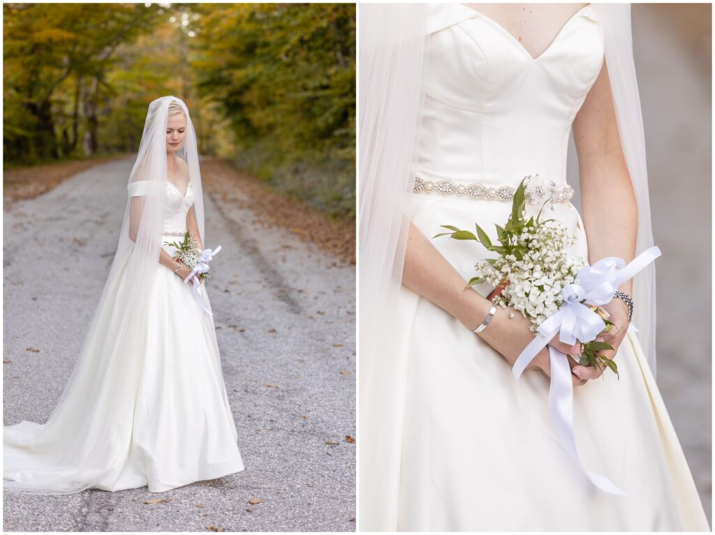 Bride on road holding bouquet