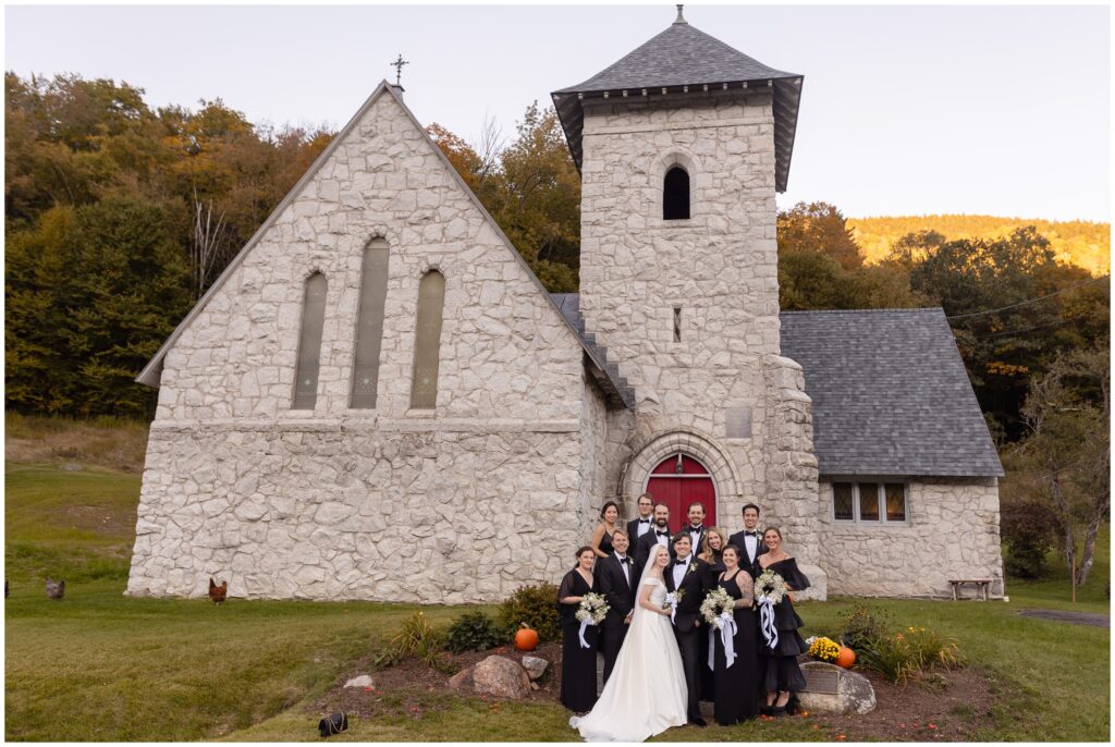 Bridal party outside at Church of Our Savior at Mission Farm in Vermont