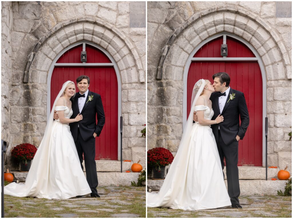 Bride and groom kiss outside of door at Church of Our Savior at Mission Farm in Vermont