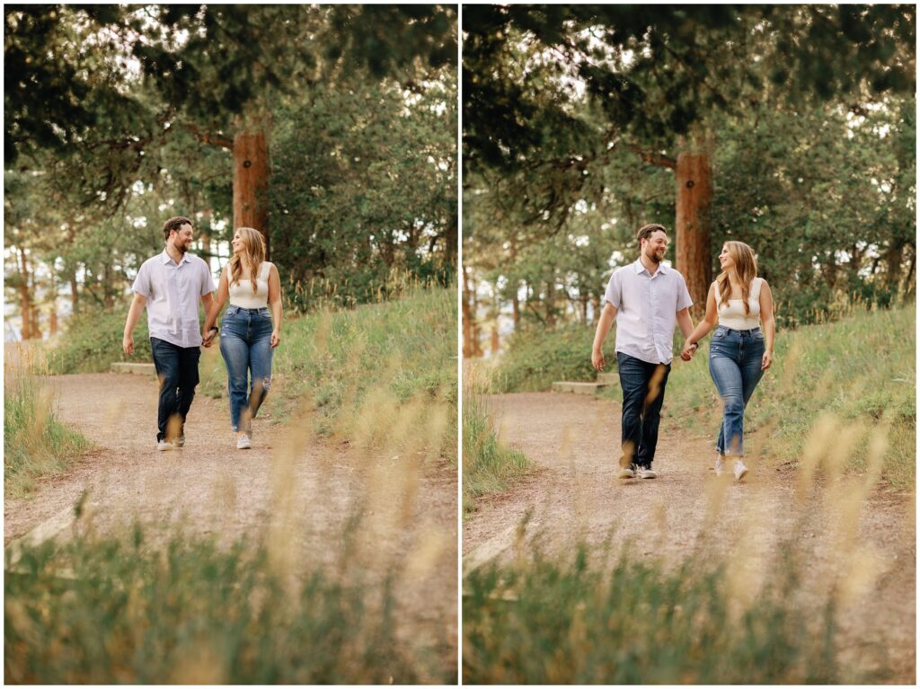 Walking on trail during engagement session in Sapphire Point