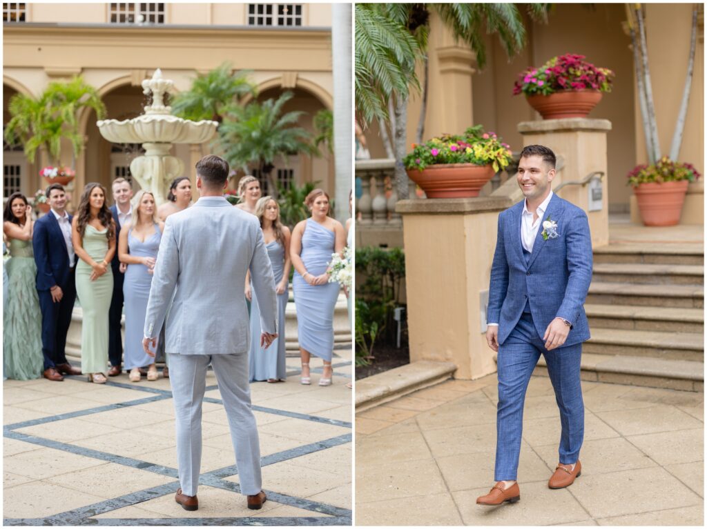 Groom walking outside for first look at Ritz Carlton in Naples