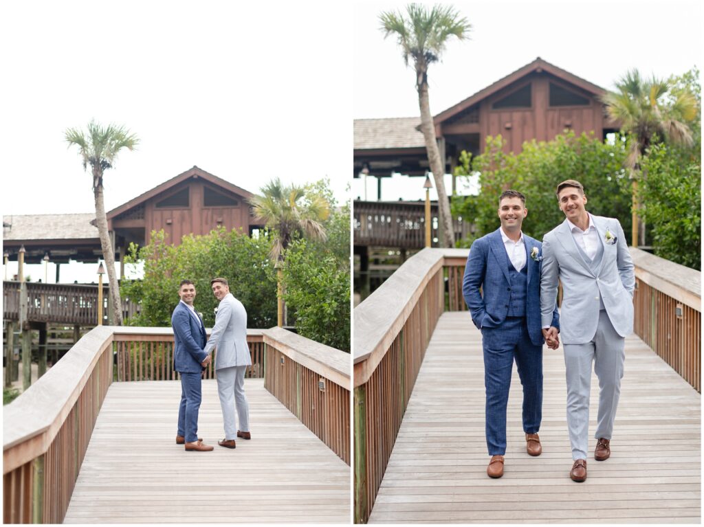 Grooms walking on bridge outside of Ritz Carlton in Naples