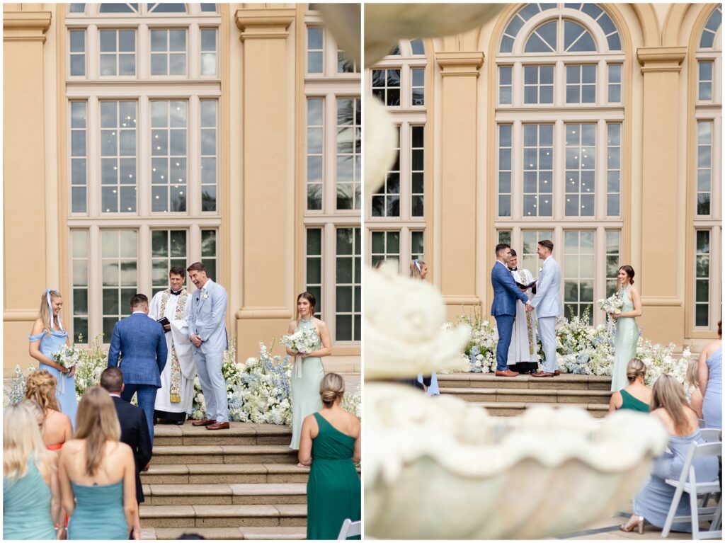 Grooms standing on stairs for ceremony at Ritz Carlton in Naples