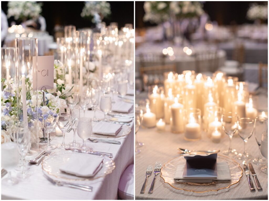 Reception table decorated with candles and glassware at at Ritz Carlton in Naples