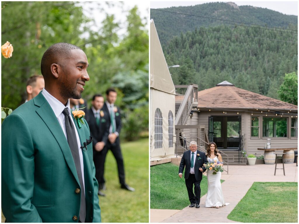 Groom watching bride walk down for ceremony at Boulder Creek by Wedgewood