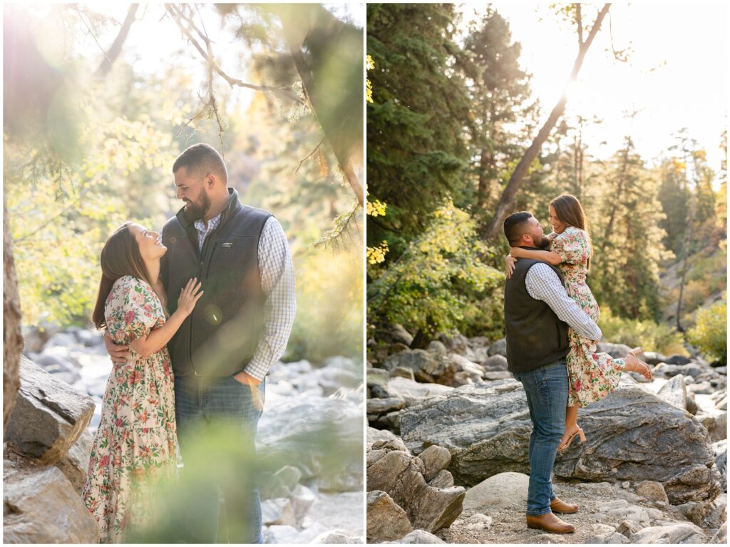 Couple looking at each other during Engagement session in Fish Creek Falls Steamboat Springs