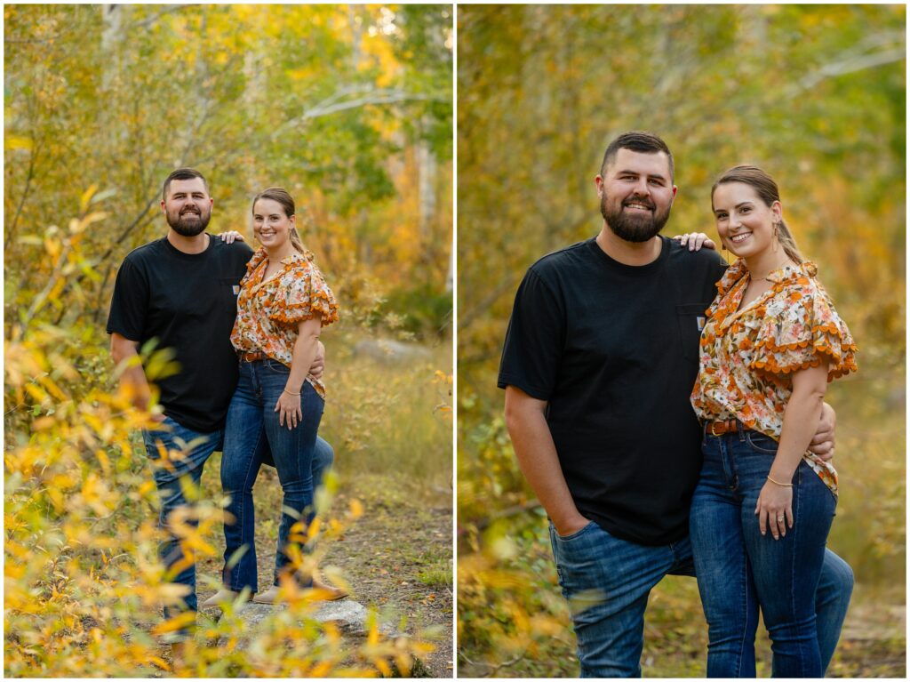 Couple on dirt trail during Engagement session in Fish Creek Falls Steamboat Springs