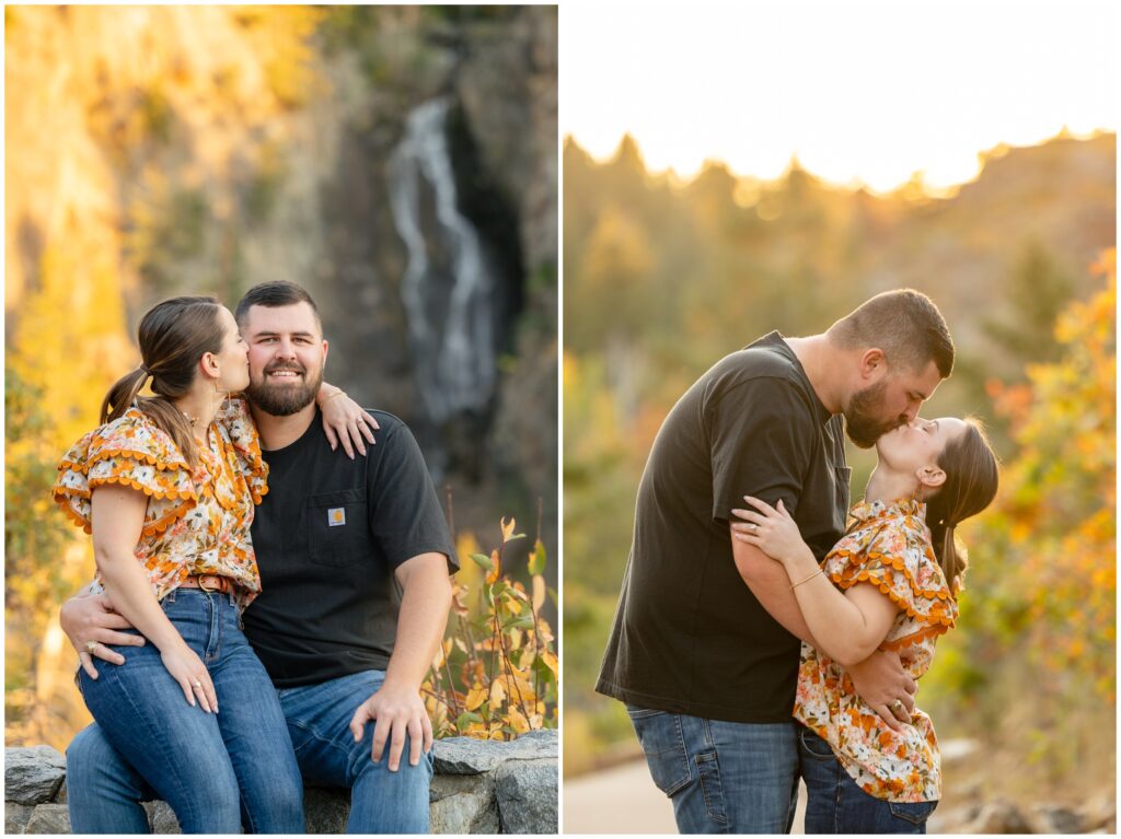 Couple kissing during Engagement session in Fish Creek Falls Steamboat Springs