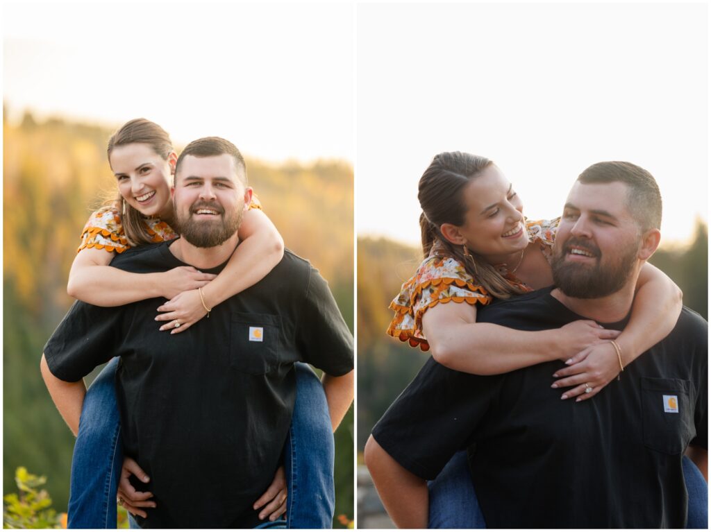 Couple piggy back riding during Engagement session in Fish Creek Falls Steamboat Springs