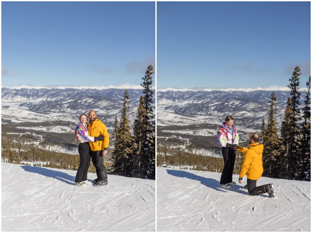 Couple at top of Breckenridge mountain proposal in snow