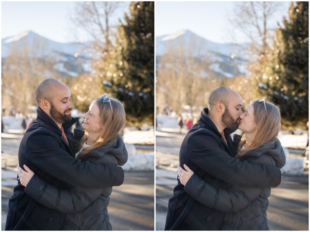 Couple hug downtown Breckenridge after their proposal