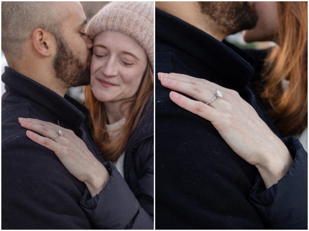 Couple hugging and fiancee showing off engagement ring after proposal