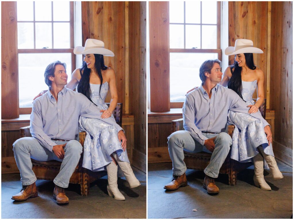 Couple inside barn for engagement session at Devil's Thumb Ranch