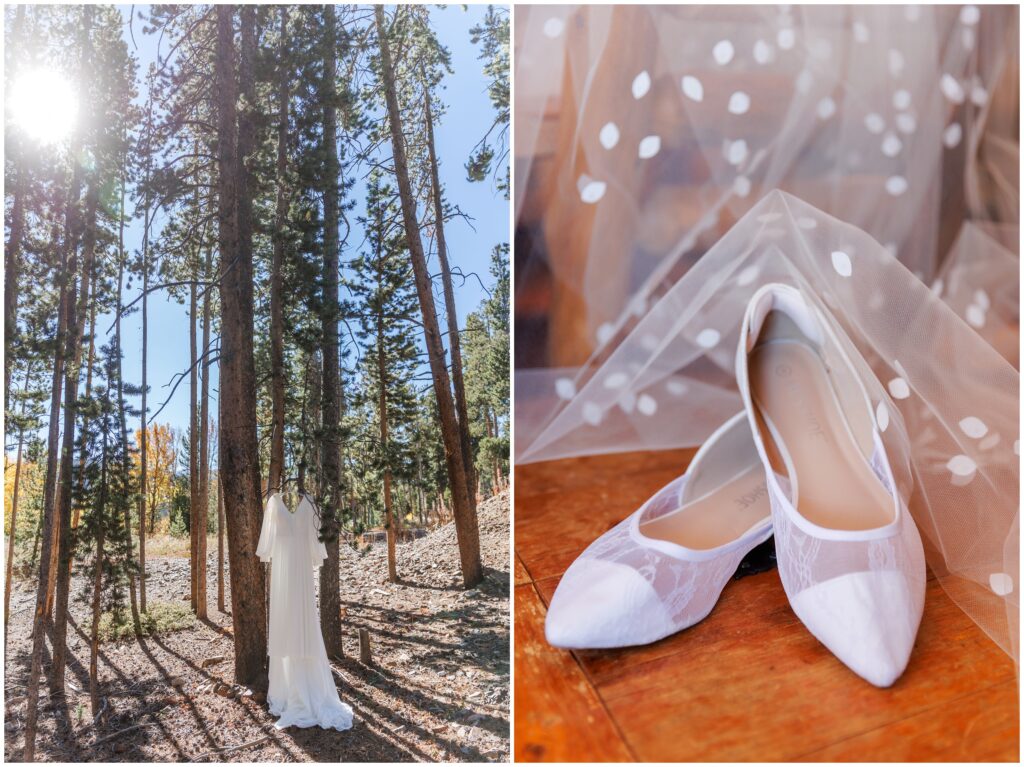 Bride's dress hanging on tree and her shoes