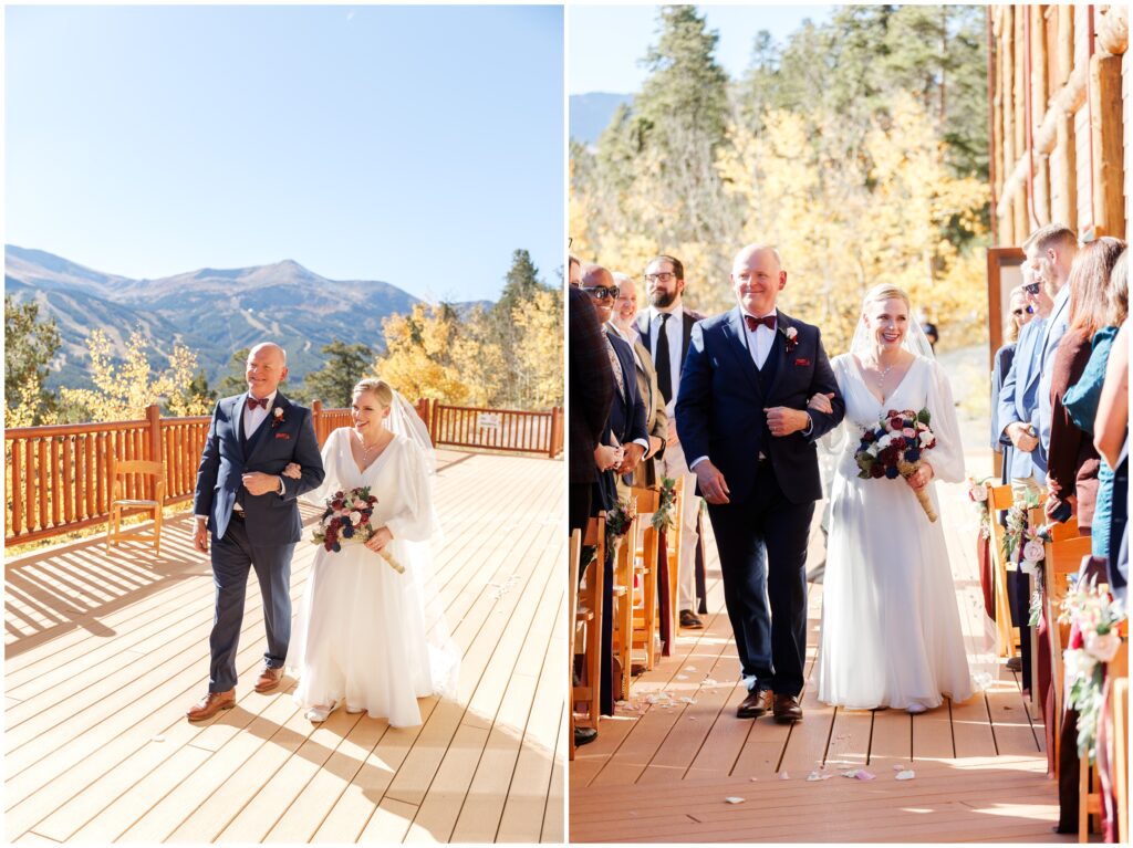 Father walking bride down isle on deck The Lodge at Breckenridge