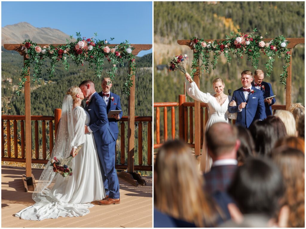 Bride and groom kiss and celebrate with hands up in the air after ceremony