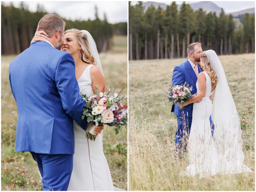 Bride and groom kissing during first look in Breckenridge