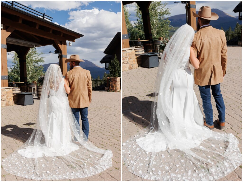 Bride being walked down isle before ceremony at Sevens at Peak 7 in Breckenridge