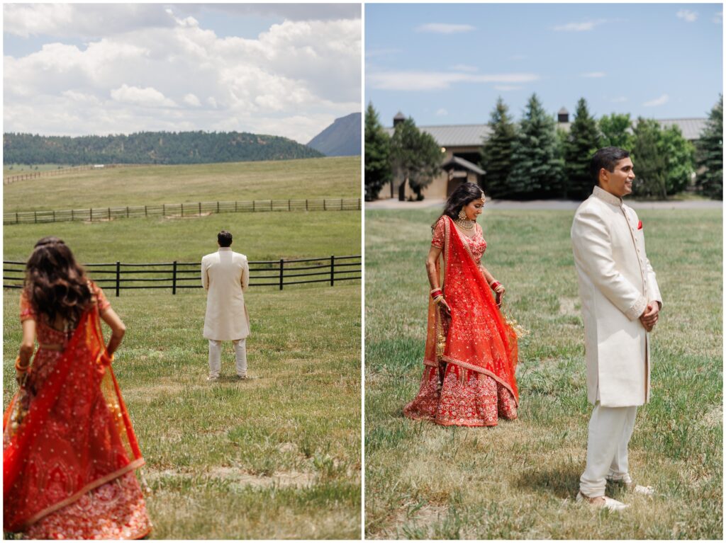 Groom waiting for bride for first look at Spruce Mountain 