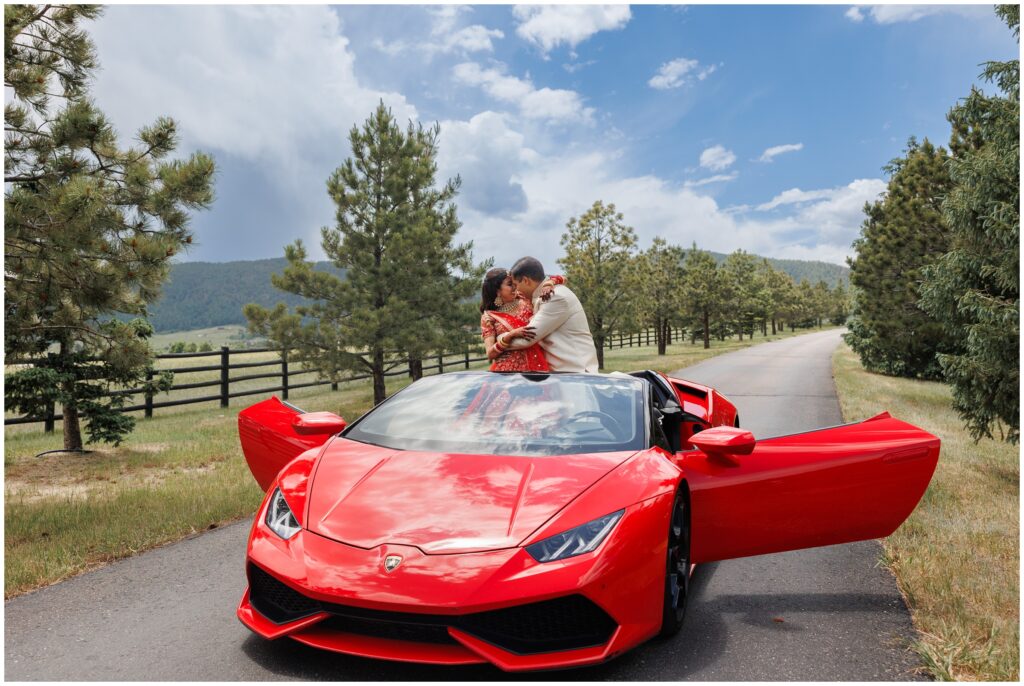 bride and groom standing in Lamborghini with door open
