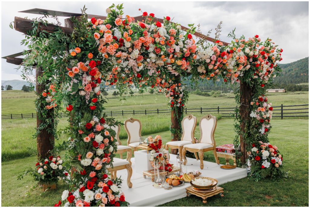 Ceremony site decorated with flowers at Spruce Mountain 