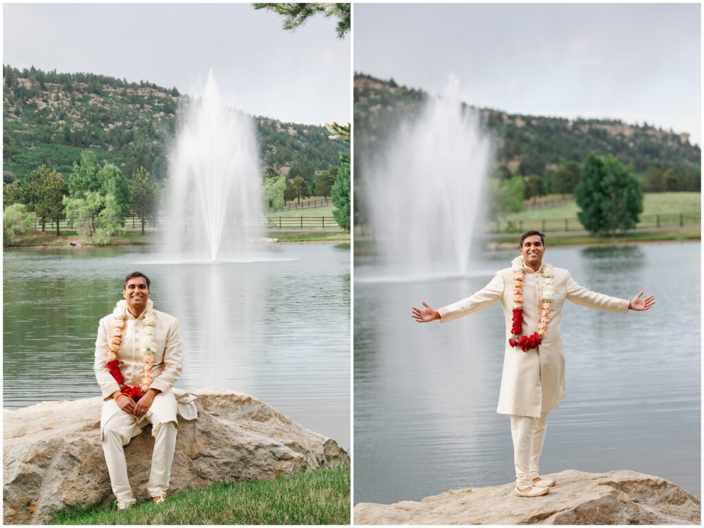 Groom seated on rock in front of fountain