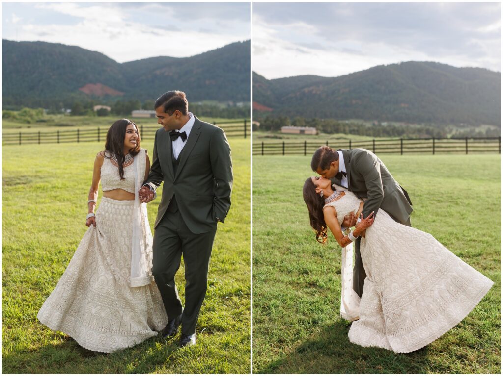 groom dipping bride outside