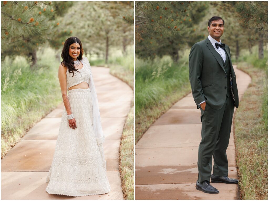 Bride and groom standing on trail at Spruce Mountain