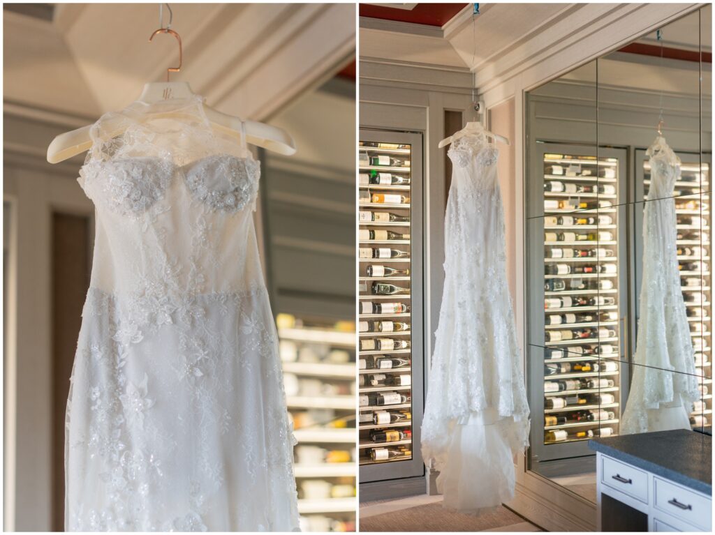 Wedding dress hangin in getting ready room