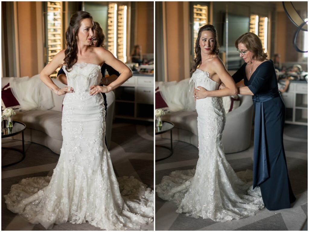 Bride getting dressed on