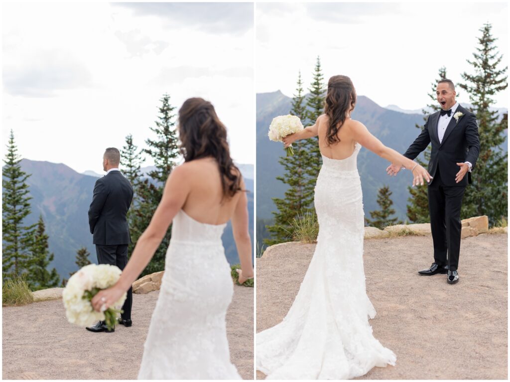 Bride behind groom for first look
