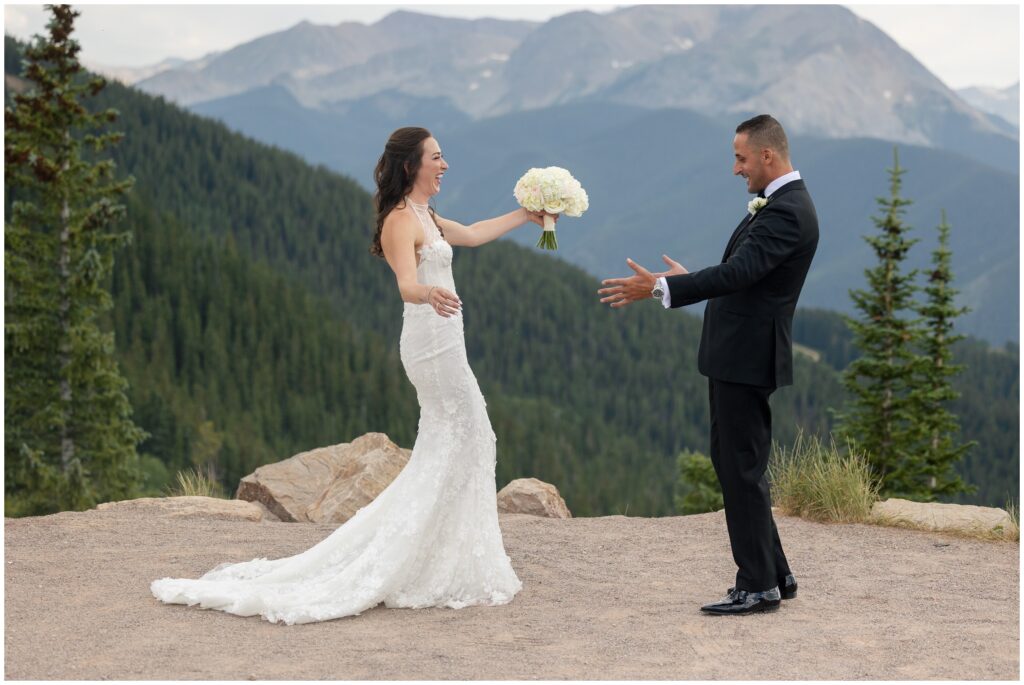 Bride and groom seeing each other for first time during first look