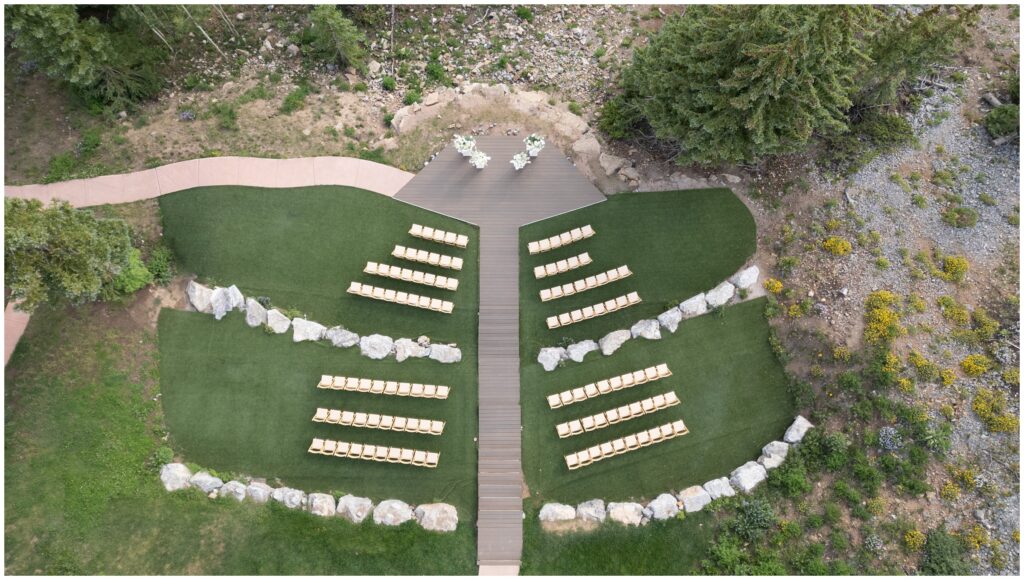 View from sky of seating area for wedding