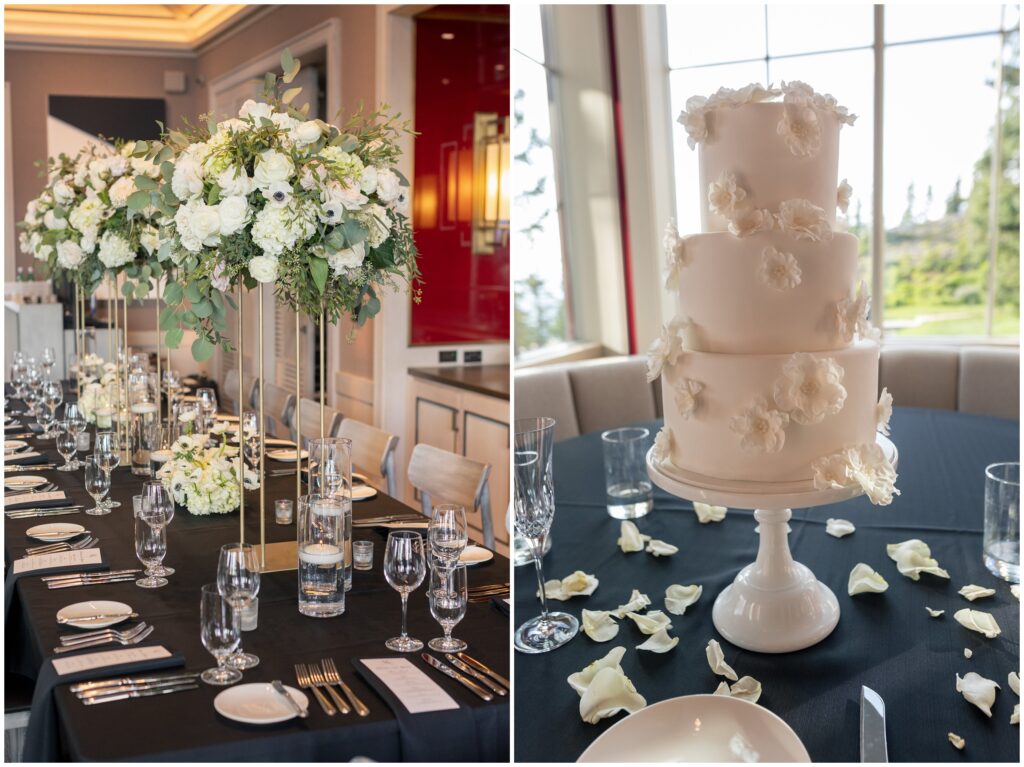 Wedding cake and table in reception area of Aspen Mountain Club