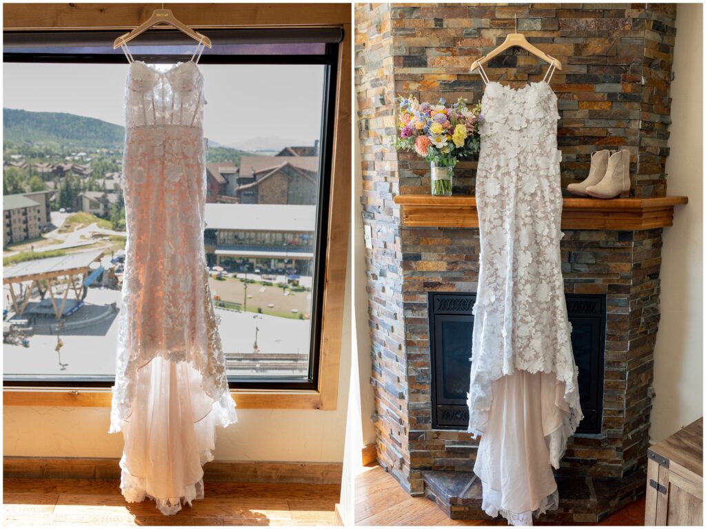 Wedding dress hanging over fireplace