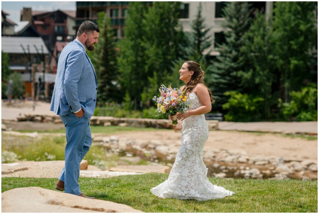 Groom seeing bride for first time during first look