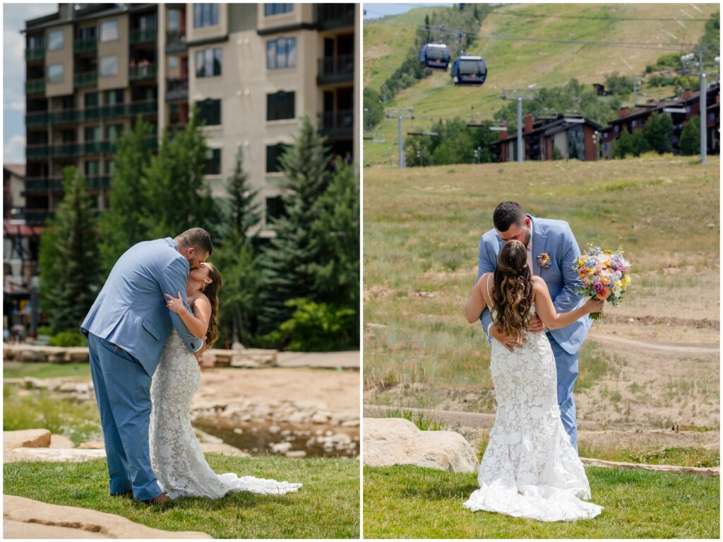 Bride and groom kissing during first look