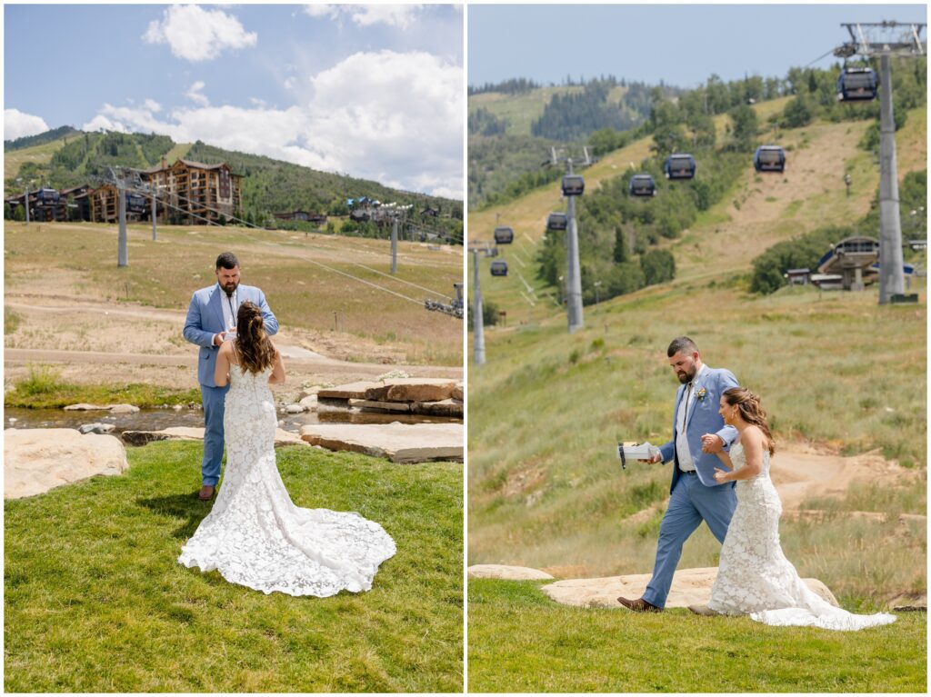 Bride and groom walking on grass during first look
